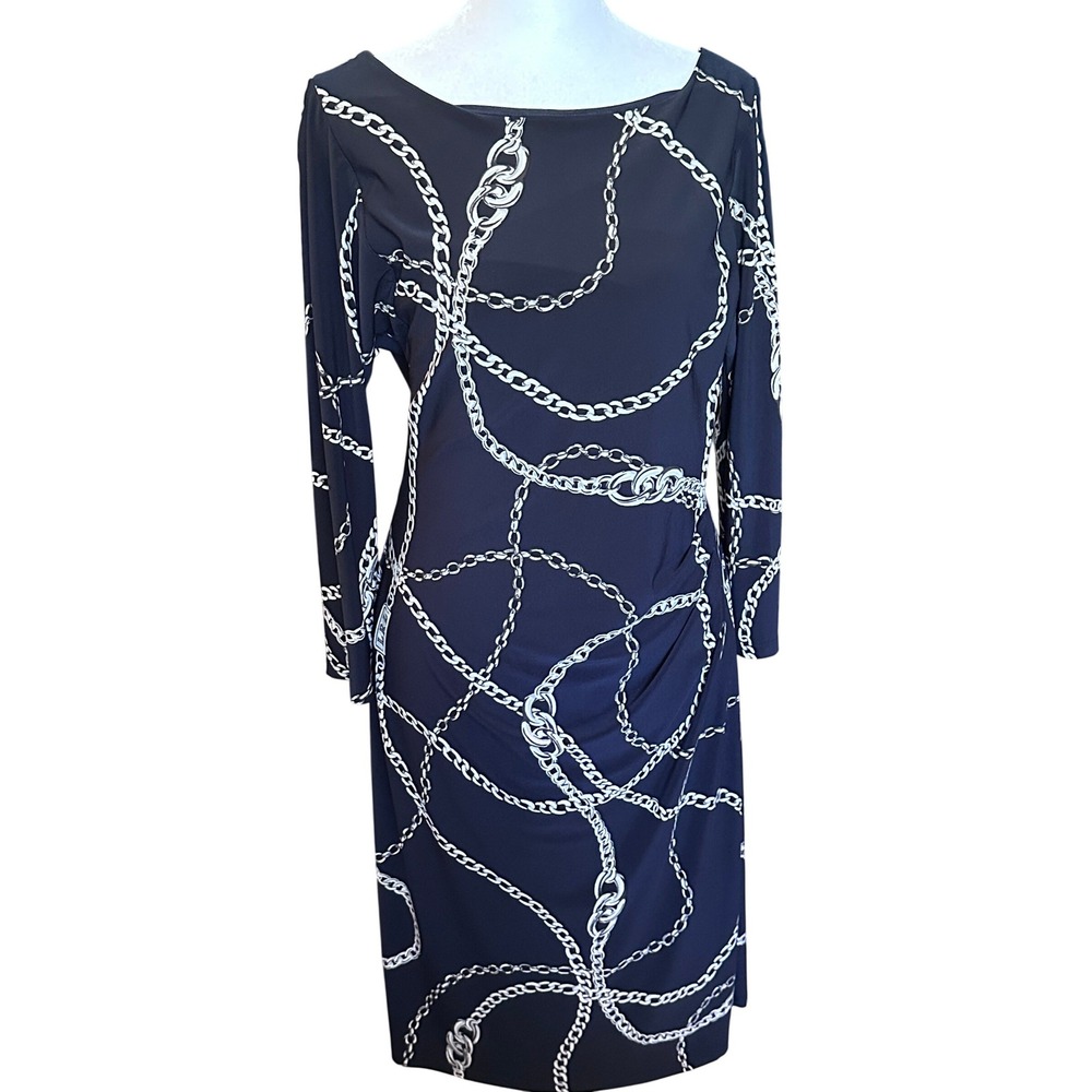 Lauren Ralph Lauren Navy Chain Link Print Ruched Sheath Dress Size 12 Boat Neck - Picture 9 of 10